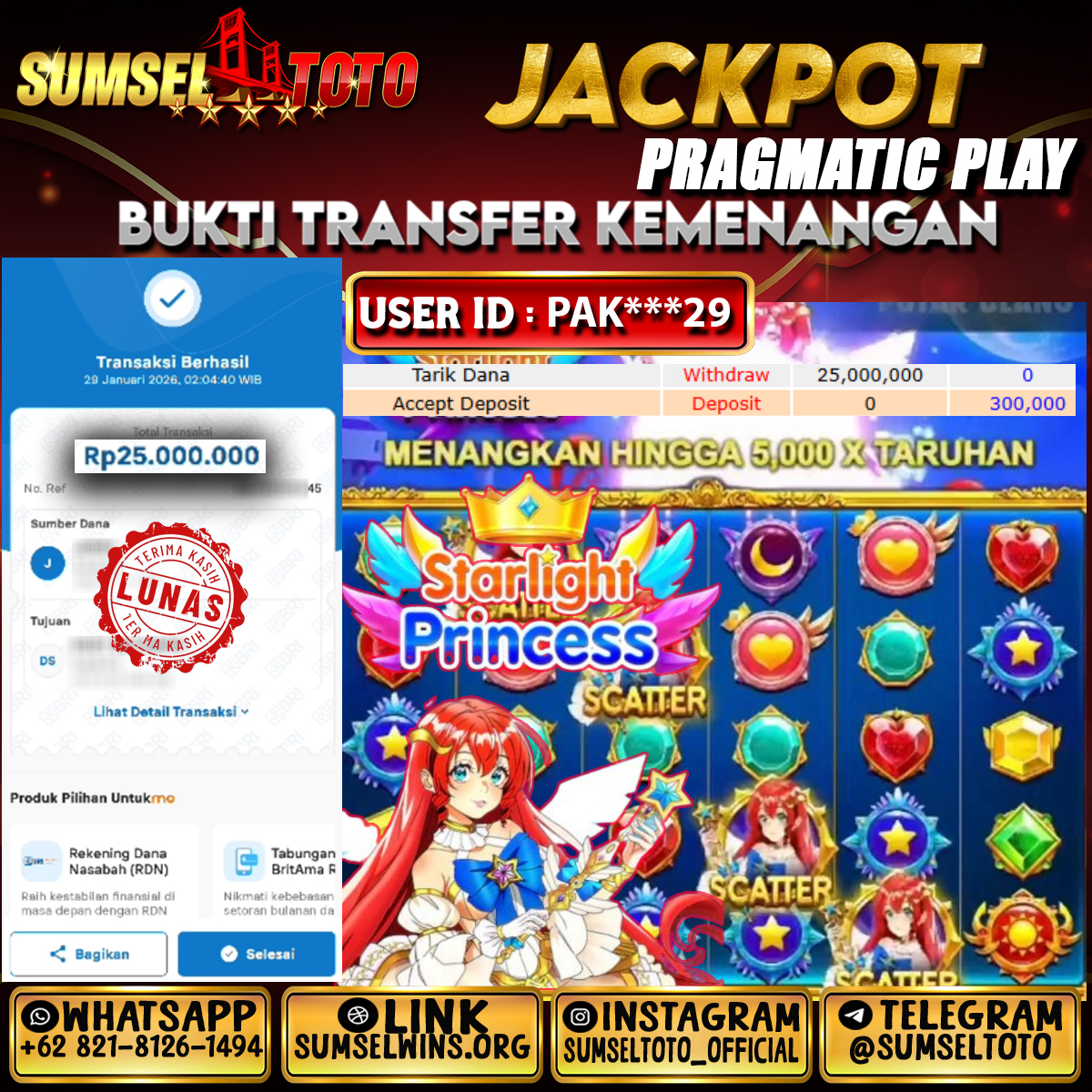 SUMSELTOTO JACKPOT STARLIGHT PRINCESS Rp.25,000,000.,- LUNAS